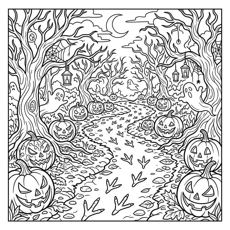 Embark on a mysterious journey through a spooky Halloween forest, guided by unusual turkey tracks. This captivating coloring page is brimming with grinning jack-o'-lanterns, eerie ghosts, and gnarled trees, perfect for a hauntingly fun activity.