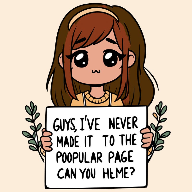 a girl holding up a sign that says, guys, i’ve never made it to the popular page, can you help me?