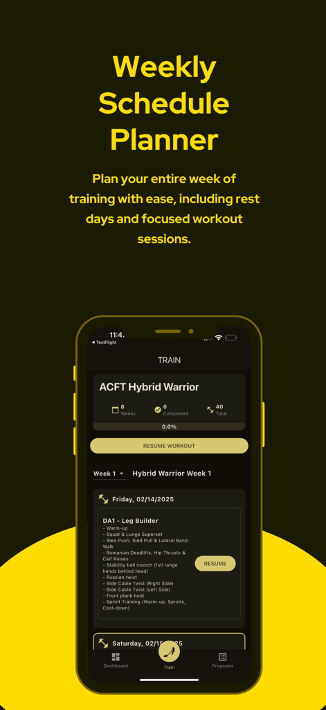 AFT Army Fitness Test Prep - AFT Army Fitness 앱 주간 훈련 일정 및 운동 플래너 인터페이스