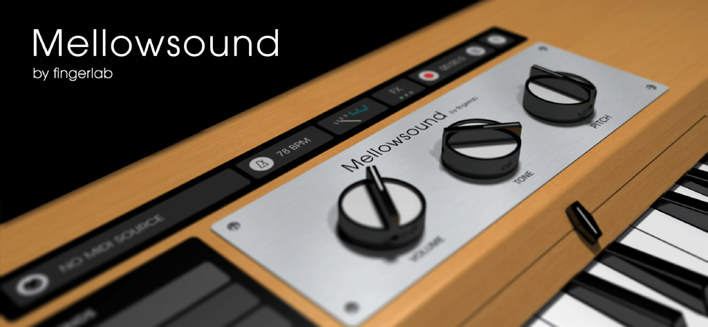Mellowsound - Interface fotorrealista do aplicativo Mellowsound com botões de controle vintage e um teclado