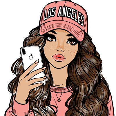 realistic beautiful girl wearing los ángeles cap holding an iphone