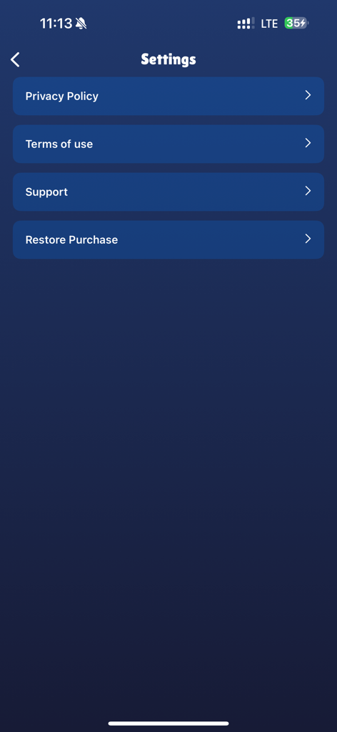 VPN France - Menu des paramètres de l'application VPN France avec des liens de support et juridiques