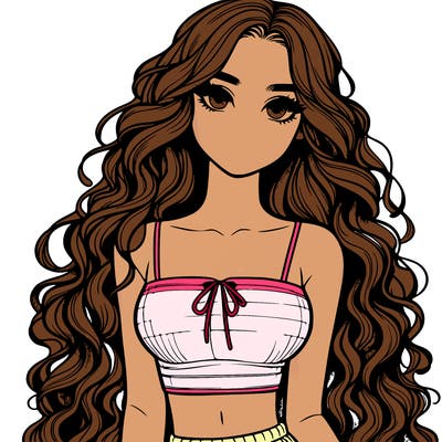realistic girl with long curly hair and a crop top