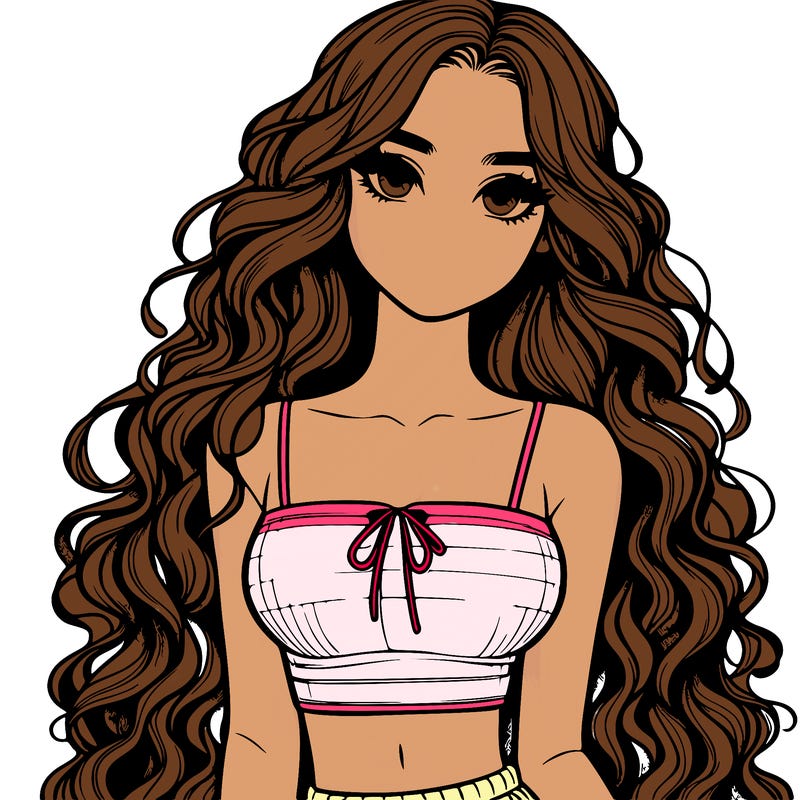realistic girl with long curly hair and a crop top