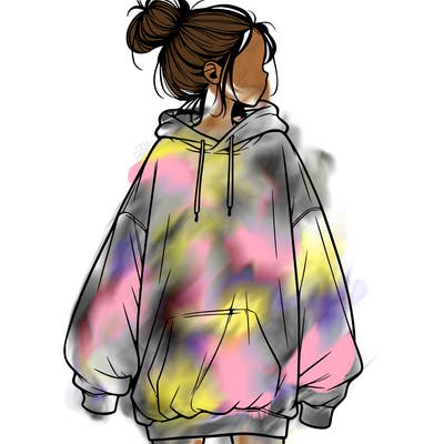 realistic girl with a oversized sweatshirt on and a bun
