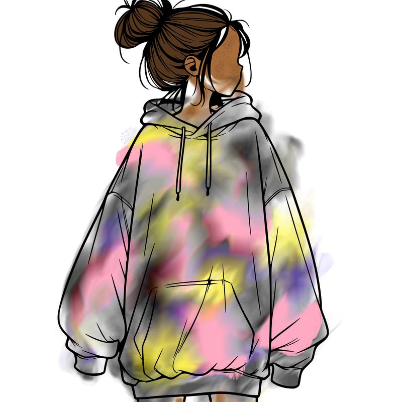 realistic girl with a oversized sweatshirt on and a bun