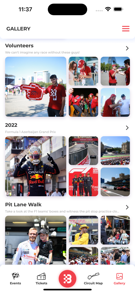 Baku City Circuit - Galeria do aplicativo Baku City Circuit mostrando fotos de corridas da Fórmula 1 e destaques de voluntários