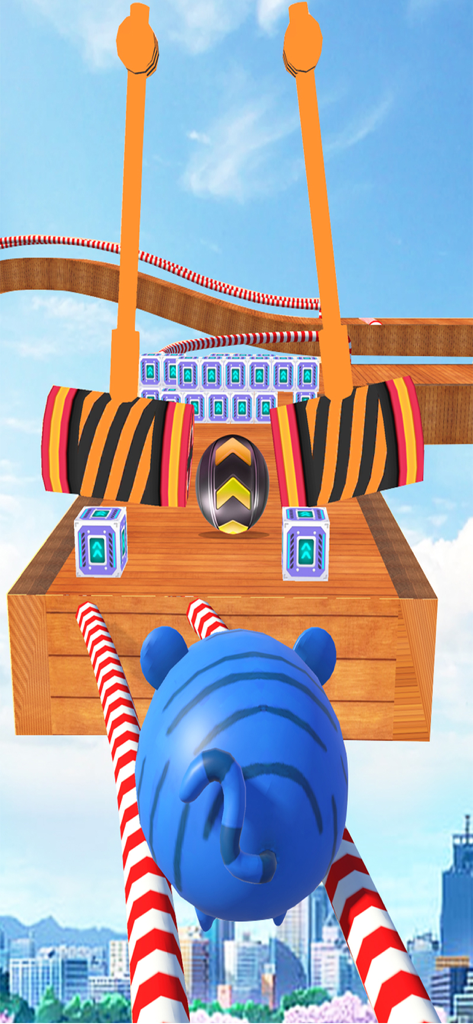 Crazy Balance Rolling Ball 3D - Blue tiger ball rolling on a track with city background and hammer obstacles