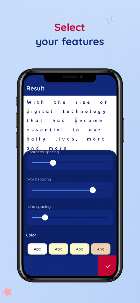 MYdys - aid for dyslexia - Mobile screen of MYdys app displaying adjustable spacing and color settings for dyslexic reading support.