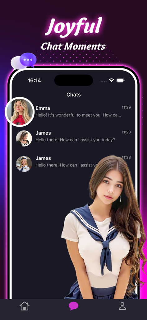 Kano - Character & Chat - Interface of the Kano app showing a list of chats with AI characters and a female anime-style companion
