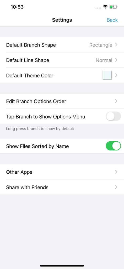 MindFlowアプリの設定メニュー、分岐形状、線形状、テーマカラーのカスタマイズオプションを表示