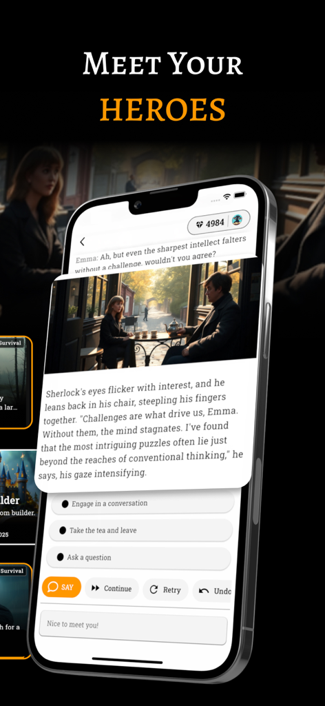Mobile app screen showing an interactive AI story with Sherlock Holmes and multiple choice options