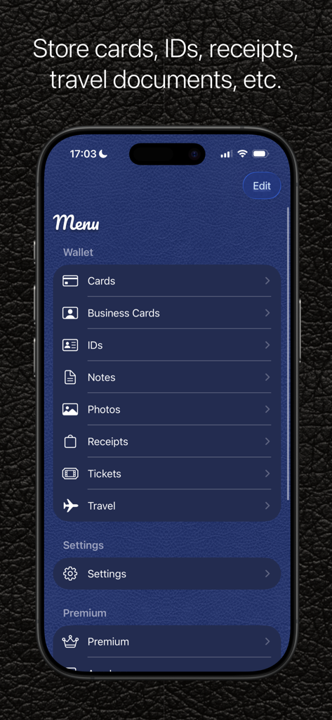 Wally - Digital Wallet - Wally 디지털 지갑 메인 메뉴가 파란색 가죽 배경에 카드 및 문서 저장 카테고리를 표시합니다.