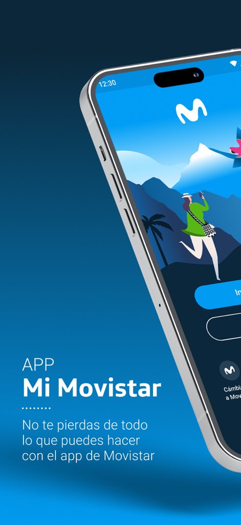 Pantalla de bienvenida de la aplicación Mi Movistar Colombia mostrada en un smartphone con una ilustración escénica de montañas.