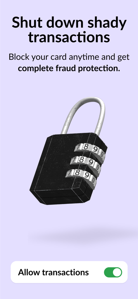 Atlas app security feature showing a padlock and a toggle switch to block card transactions.