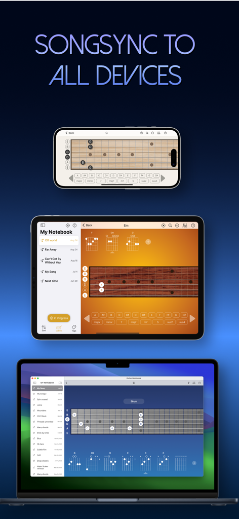 Guitar Notebook - Interfaz de la aplicación Cuaderno de Guitarra sincronizada en iPhone, iPad y Mac mostrando diagramas de acordes de guitarra y diapasones