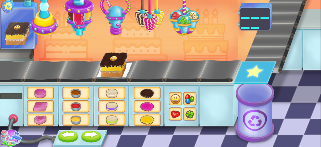 Cake Master mini game interface in Purple Place showing a conveyor belt and cake decoration options