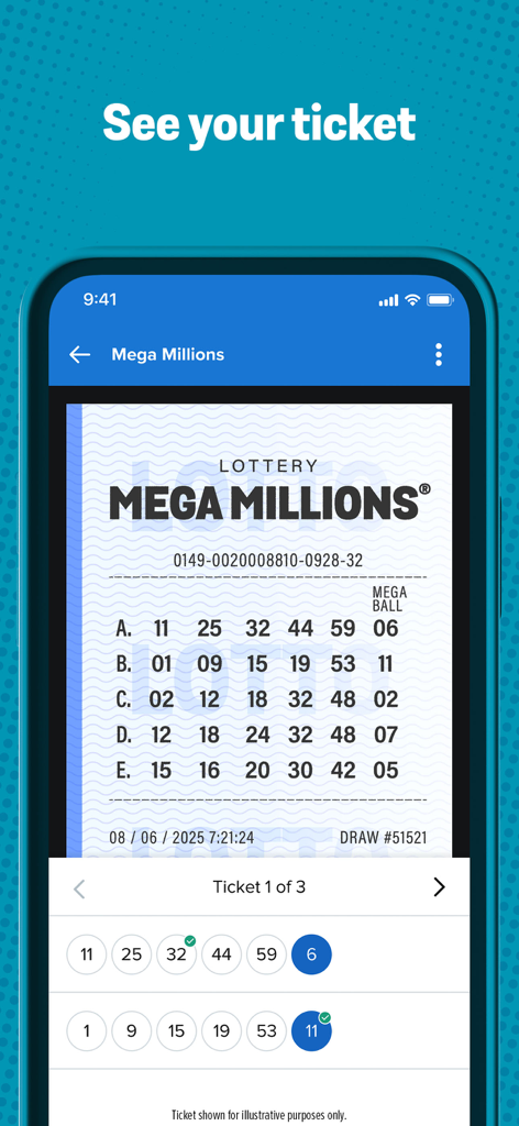 A smartphone screen displaying a scanned Mega Millions lottery ticket within the Jackpocket app