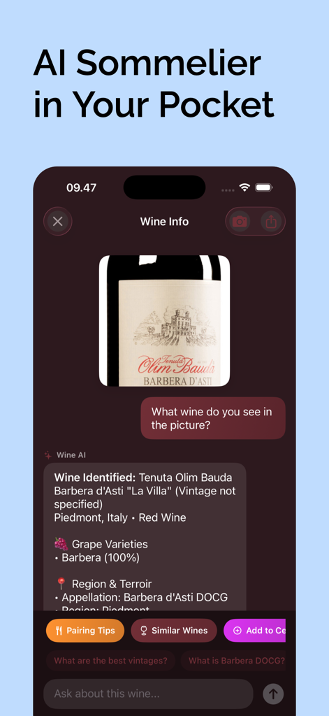 Vino AI: Wine Scanner - La aplicación Vino AI identificando una botella de vino italiano con información de sommelier y notas de cata.