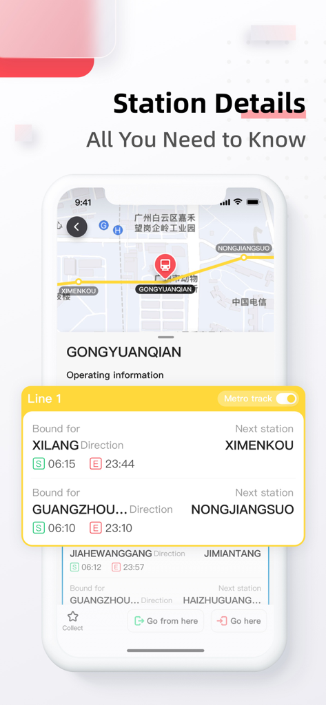 Interfaz de la aplicación 86Metro que muestra mapas de estaciones y horarios de trenes para el sistema de metro de Guangzhou