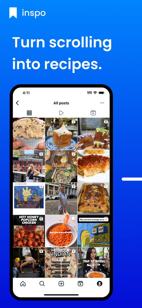 Inspo - AI Recipe Keeper - Smartphone screen displaying a social media feed of food videos with the text Turn scrolling into recipes