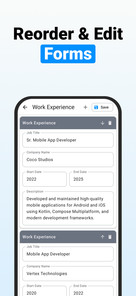 Mobile screen of CV Maker app showing forms to edit and reorder work experience entries