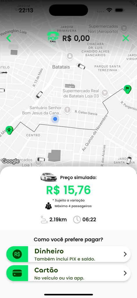 POP call - pedidos em massa - POP call app interface with map route price simulation and payment selection