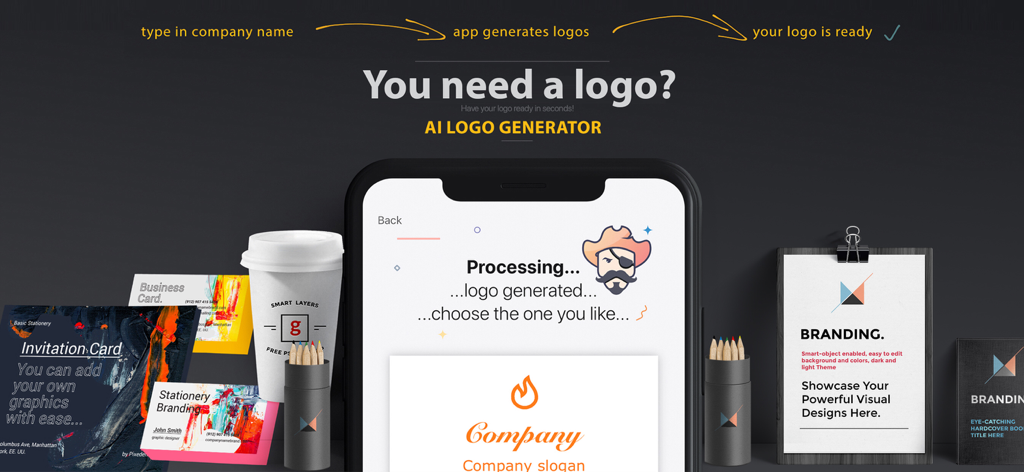AI Logo Generator-Design Maker - AIロゴジェネレーターアプリのインターフェースが、名刺や文房具などのビジネスブランディングモックアップに囲まれた携帯電話に表示されています。