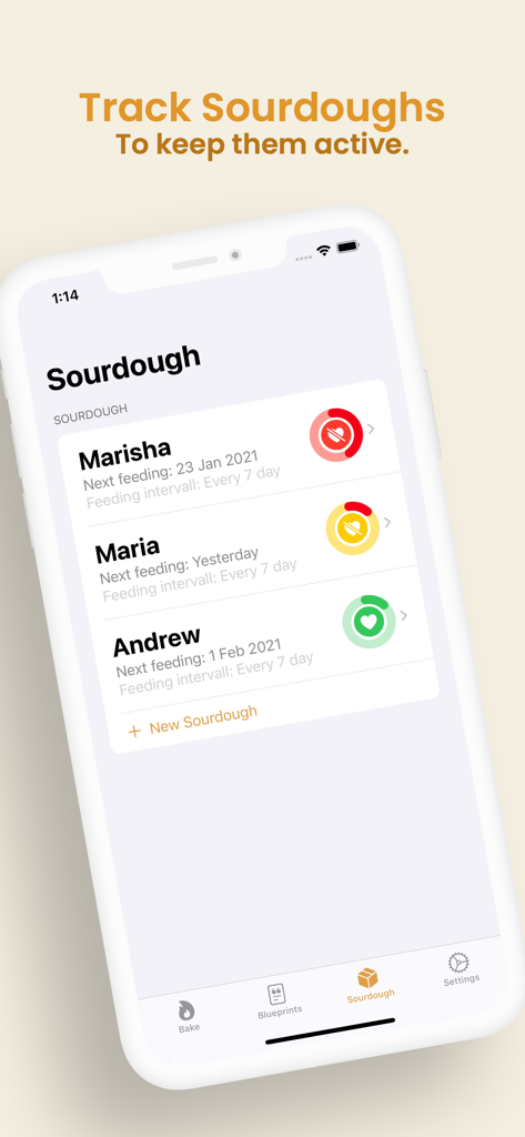 BreadMe - Sourdough planner - A mobile interface for tracking sourdough starters with feeding schedules and status indicators