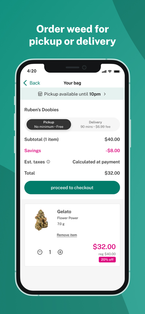Leafly app interface showing a shopping cart with a cannabis flower order ready for pickup or delivery