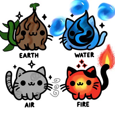 4 cats that represent the different elements, earth, water, air, and fire