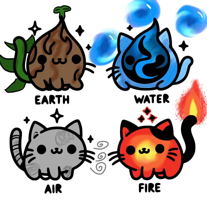 4 cats that represent the different elements, earth, water, air, and fire