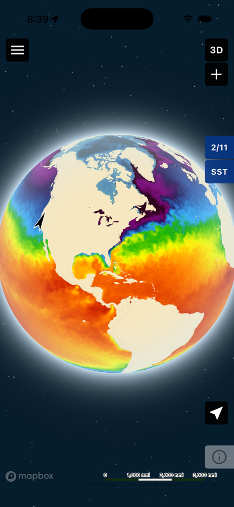 VizReport - A 3D interactive globe in the VizReport app displaying color-coded sea surface temperature data across the Americas.