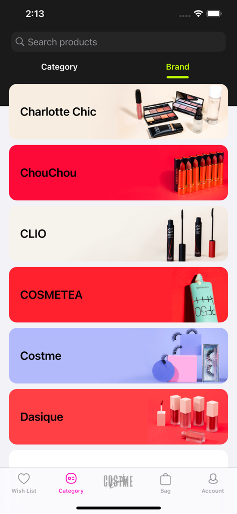 Costmebeauty - A mobile screen from the Costmebeauty app displaying a list of curated beauty brands like Charlotte Chic and CLIO with professional product photography.