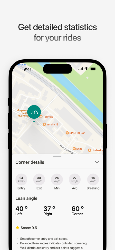 MotoTrail app interface showing detailed motorcycle cornering statistics and lean angle data