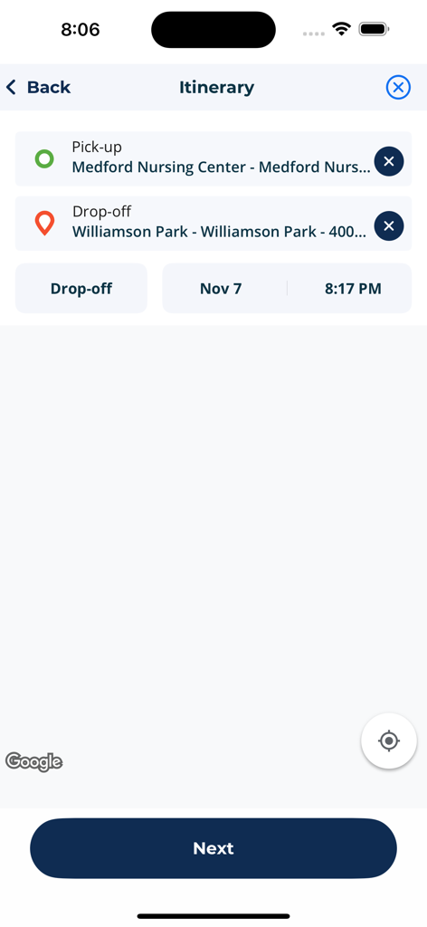 Riverside Connect - Riverside Connect mobile app itinerary screen for scheduling a transit trip with pick-up and drop-off locations