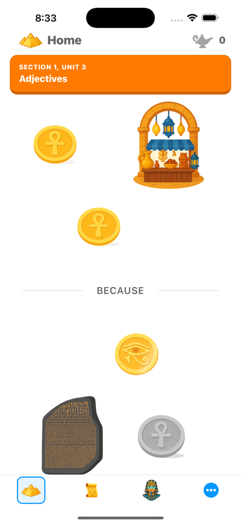 KMA – Learn Egyptian Arabic - The home screen of the KMA app showing a gamified lesson path for Egyptian Arabic adjectives featuring ancient Egyptian icons.