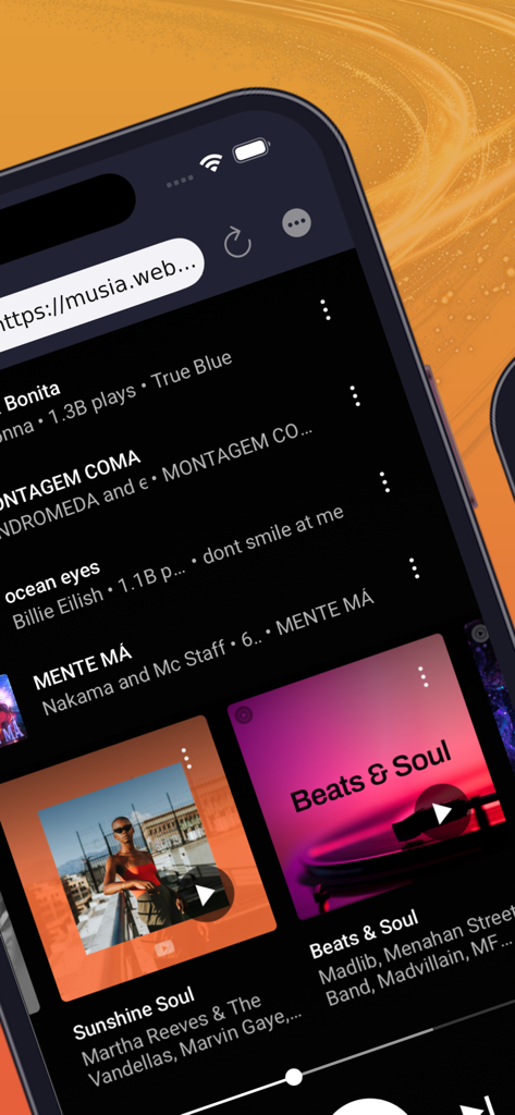 Mixtube - Full Music Player - Mixtube app screen displaying a list of popular songs and featured music playlists like Beats and Soul