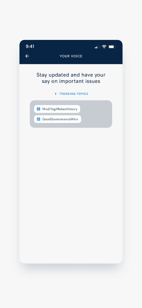 Screenshot des Bereichs 'Your Voice' in der Narendra Modi App mit Trendthemen und Hashtags wie GoodGovernanceWins.