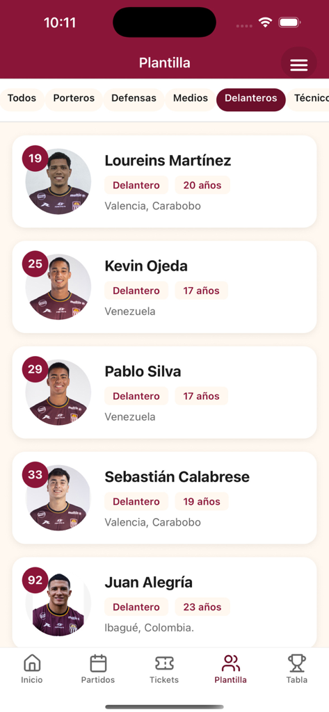 Carabobo FC - Elenco degli attaccanti nel roster dell'app ufficiale Carabobo FC, inclusi nomi, foto ed età