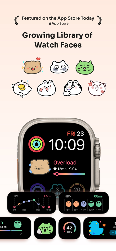A variety of cute cartoon character watch faces and stress tracking widgets for Apple Watch