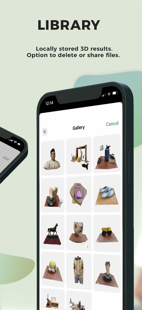 SureScan 3D Scanner, 3D App - SureScan 3D app library showing a grid of 3D scanned objects on an iPhone screen.