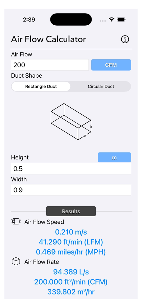 Air Flow Conversion Calculator app screen displaying airflow speed and rate calculations for a rectangular duct