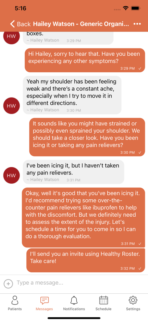 Healthy Roster - A secure mobile chat interface in the Healthy Roster app where an athletic trainer and athlete discuss a shoulder injury
