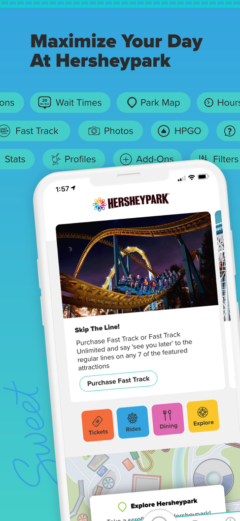 Hersheypark - Official Hersheypark app screen showing ride wait times park map and fast track skip the line options