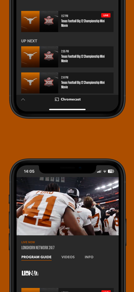 LHN (Longhorn Network) - LHN app interface showing a live Texas Longhorns football broadcast and a 24/7 program guide
