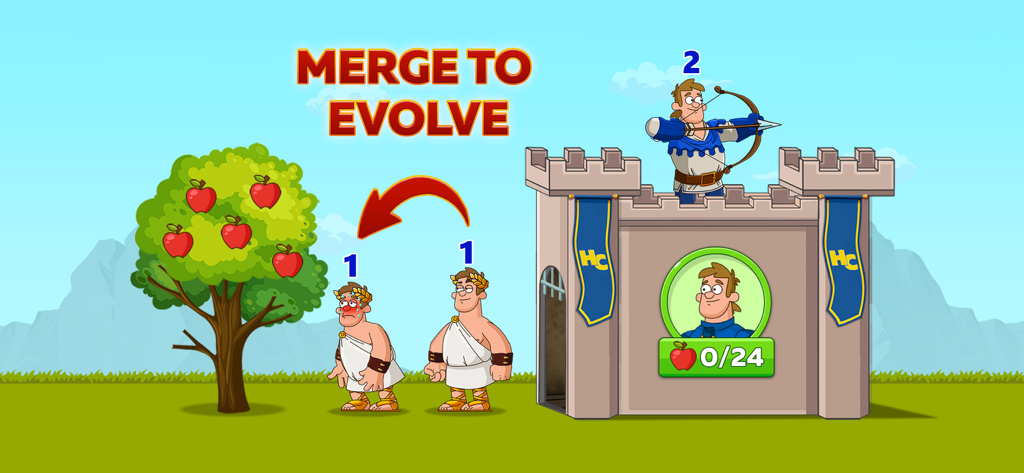 Ilustração da jogabilidade de Hustle Castle mostrando personagens se fundindo para evoluir para um arqueiro de nível superior