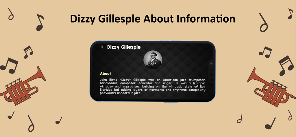Trumpet Maestro - Biography of jazz trumpeter Dizzy Gillespie in the Trumpet Maestro app