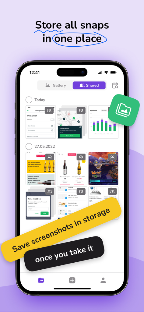 Screenia app interface showing a gallery of stored screenshots on an iPhone with cloud storage promotional text.