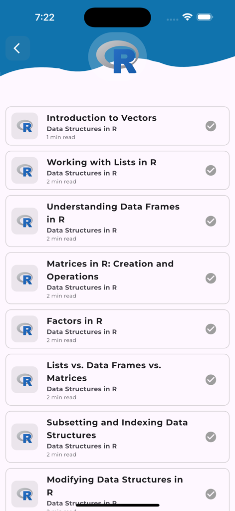 Learn R Programming [PRO] - A screen showing a list of R programming lessons about data structures like vectors matrices and data frames